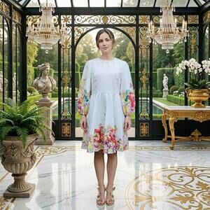 ZIMMERMANN White Linen Floral Mini Dress Lace Collar & Balloon‎ Sleeves Luxury L
